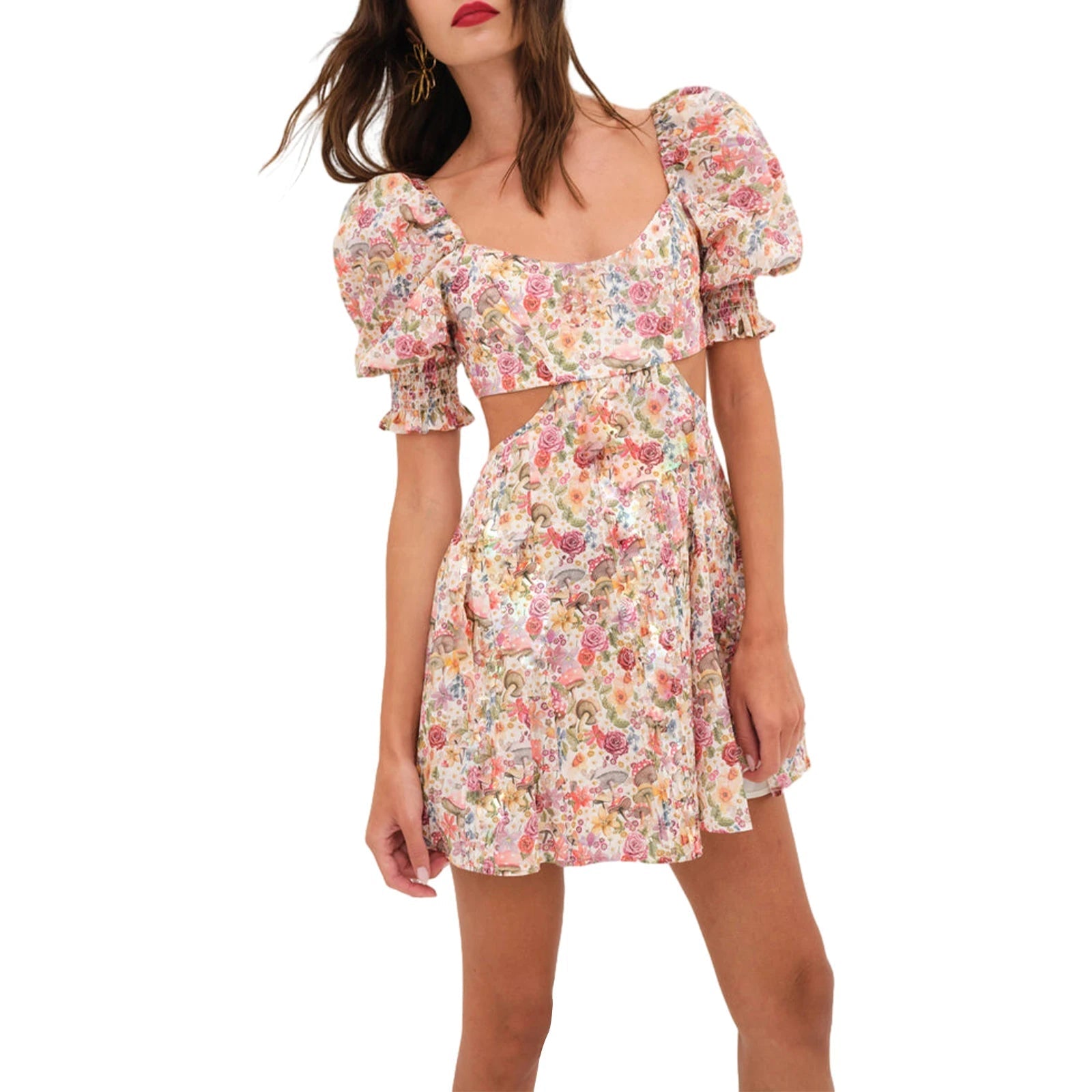 Aiertu  -  Women s Summer Floral Print Dress Short Puff  Square Neck Cutout Waist  Mini A-Line Dress Aiertu