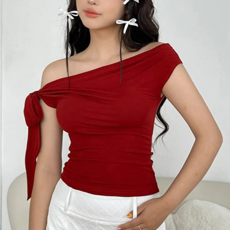 Aiertu  -  2000S New Fashion Folds Bow Solid Color Short Sleeve Sheath T-shirt 2025 Spring Women's Casual Style Slim Fit Lace-up Tees Top Aiertu