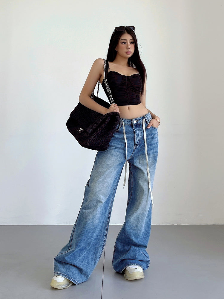 Aiertu Denim Blue Washed Low Rise Straight Leg Jeans Pants Aiertu