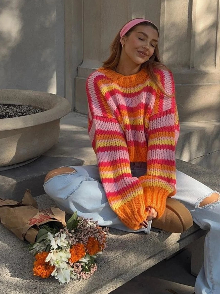 Aiertu  -  Color Striped Patchwork Sweater Women Round Neck Long Sleeve Cropped Jumpers Autumn New Casual Fashion Knitted Pullover Top 2026 Aiertu