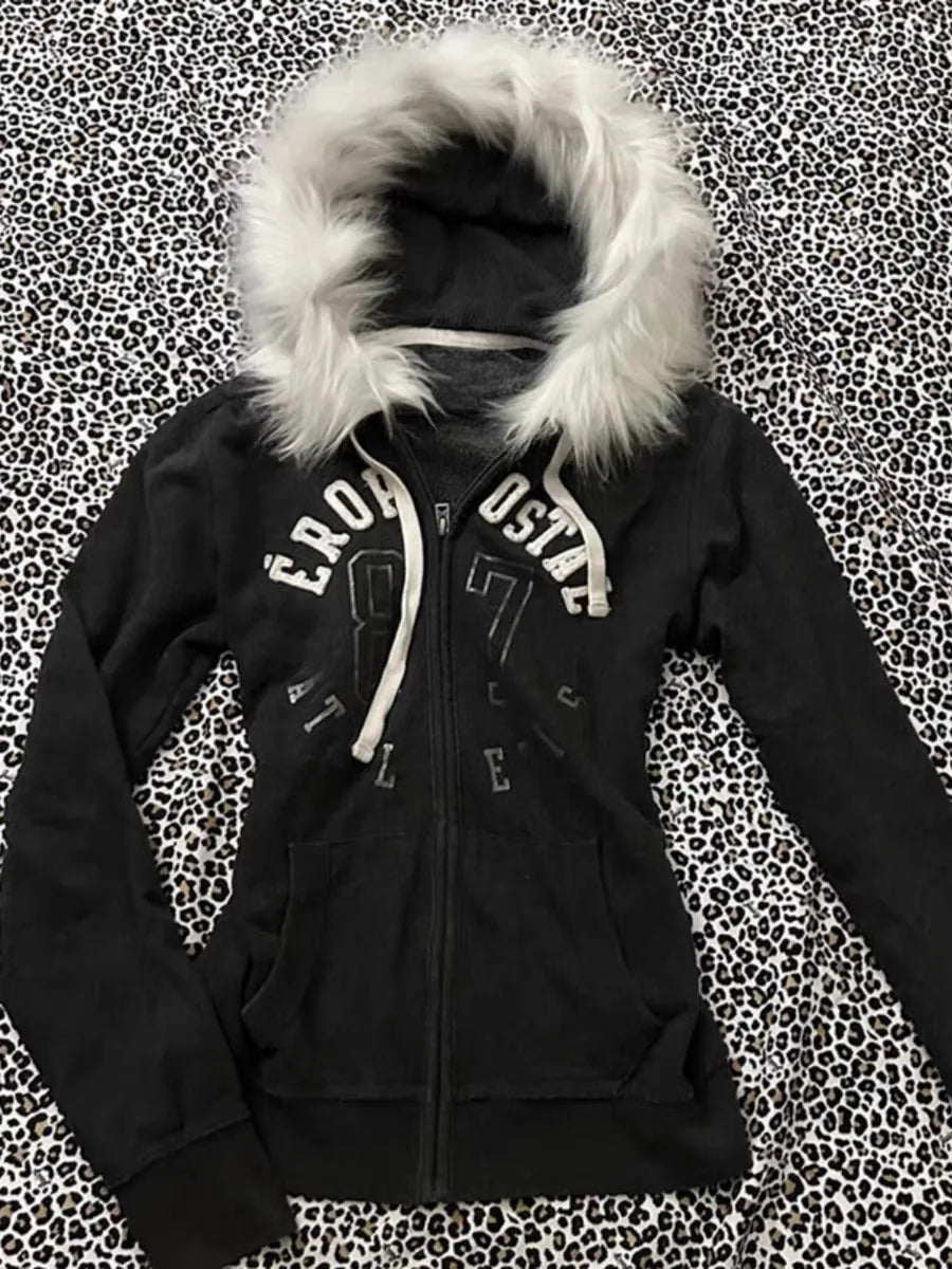 Aiertu  -  Solid Zip Up Letter Printed Fur Collar Hoodies Slim Fit Comfortable Simplicity Black Sweatshirts Warm Basic Version Tops Aiertu