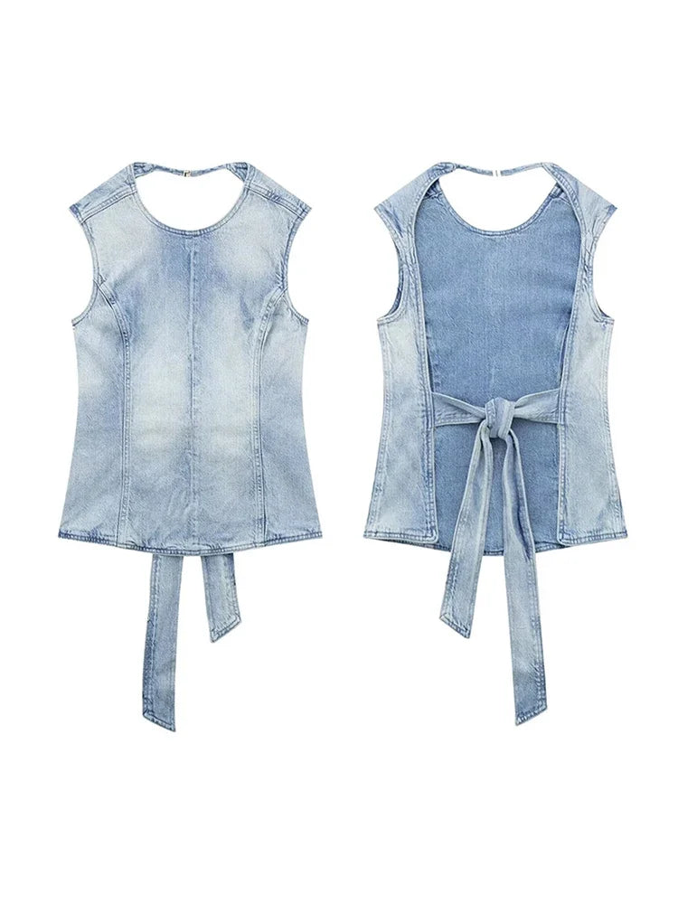 Aiertu  -  Sexy Denim Backless Lace Up Vest Women Slim O-neck Sleeveless Spliced Female Waistcoat Summer Lady Chic Casual Streetwear Aiertu