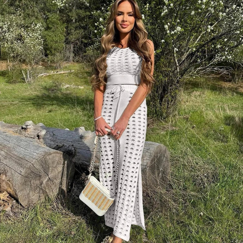 Aiertu  -  Slim Hollow Out Skirt Suit Knitted For Women Sleeveless Strapless Top Summer New High Waisted Lace Up Split Long Skirt Aiertu