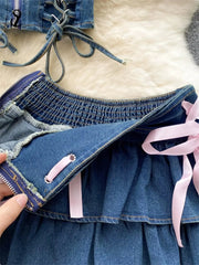 Aiertu  -  Y2K Sexy Mini Skirt Denim Tie Cross Bow Bandage Cape+denim Two-piece Zipper Strapless Tube Top Streetwear Set Aiertu