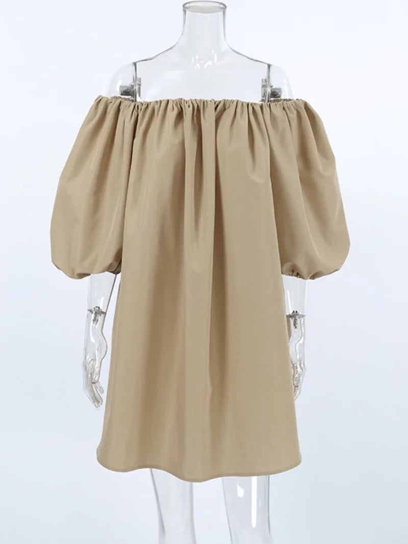 Aiertu  -  Sexy Slash Neck Off Shoulder Khaki Short Dress High Street Fashion Casual Woman Clothing Summer Puff Sleeve Solid Party Dresses Aiertu