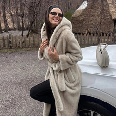 Aiertu  -  casual winter outfits Belted Faux Mink Fur Coat Women 2024 Winter Beige Gradient Furry Fur Jacket Luxury Brand Hooded Warm Outerwear Overcoat Aiertu