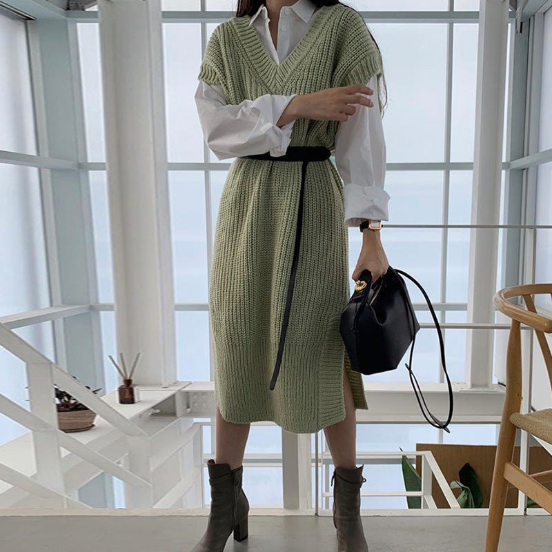 Aiertu - Long Seeve Shirt Split Knit Vest Dress Suit Aiertu