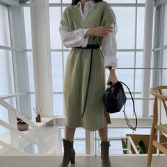 Aiertu - Long Seeve Shirt Split Knit Vest Dress Suit Aiertu