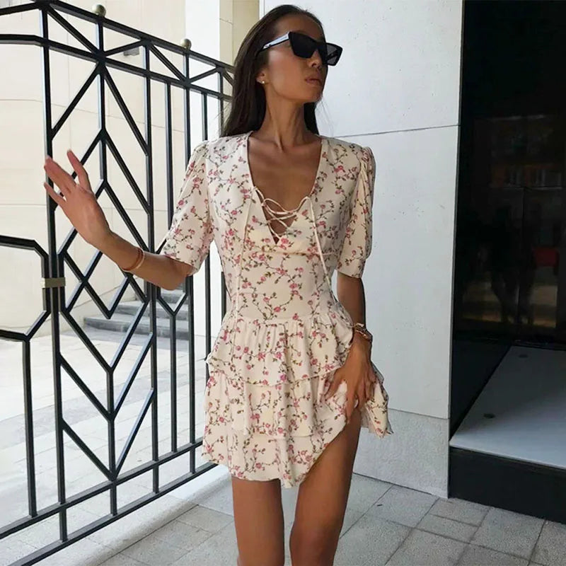 Aiertu  -  V-neck Lace Up Floral Mini Dress For Women Short Sleeve Ruffled Splice Sweet Beach Holiday Dress Party Female Summer New Aiertu