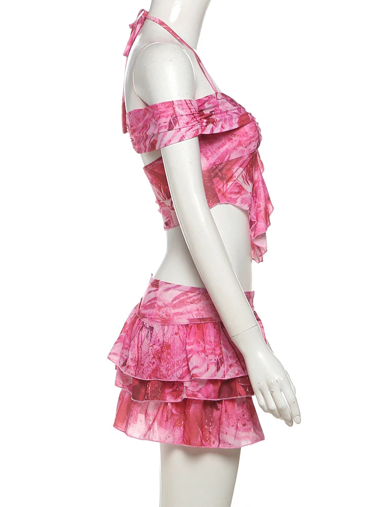 Aiertu  Sexy Tie-Dye Print 2-Piece Set Women Folds Halter Lace-Up One Shoulder Backless Tops+Tierred Mini Skirts Matching Suits Aiertu