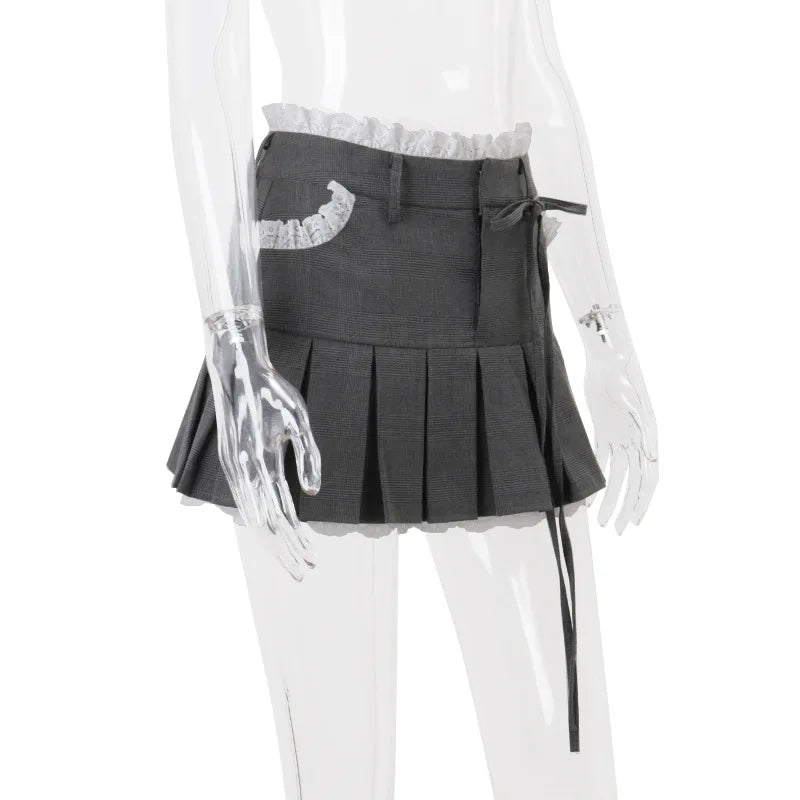 Aiertu  -  Lace Trim Low Waist Pleated Skirt Women Y2k Cutecore A-line Mini Skirts Kawaii Girls P33-DZ19 Aiertu