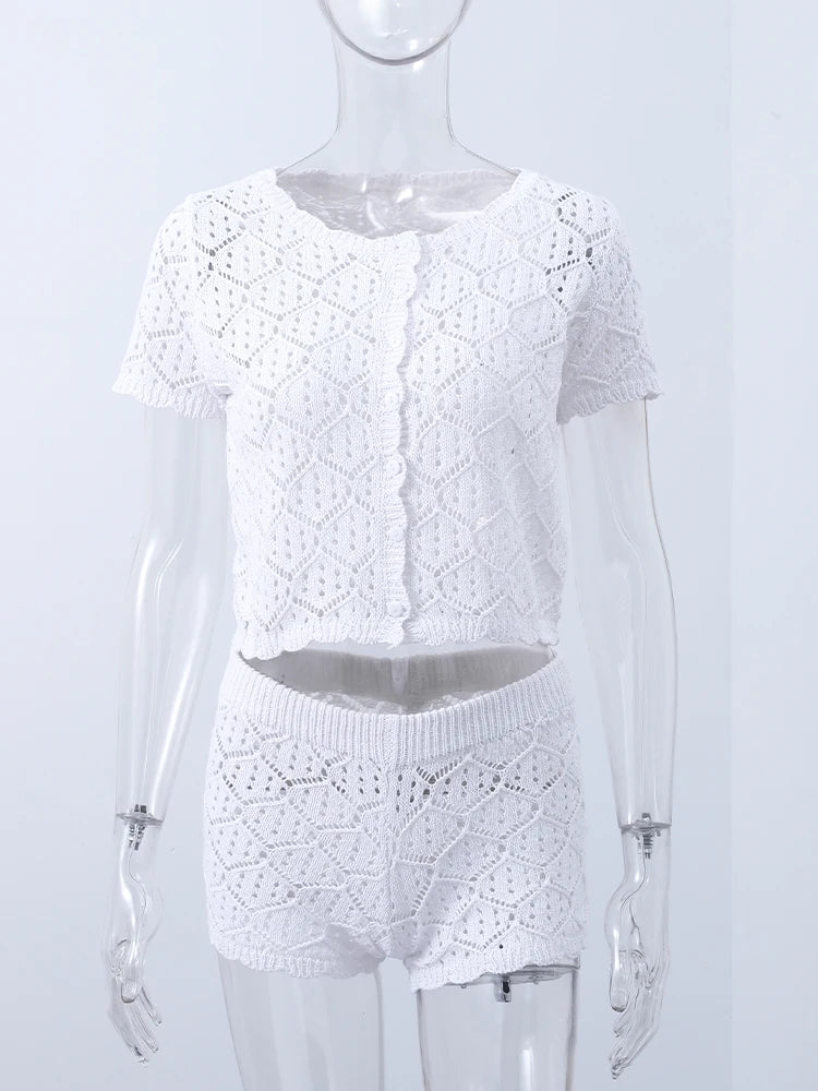 Aiertu  -  Sexy Knit Beach Outfits Women Slim O Neck Short Sleeves Hollow Out Top Sets Female 2026 Spring Summer New Holiday Set 2 Pieces Aiertu