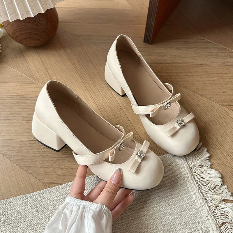 Aiertu  -   Thick Heel Women's Mary Jane Shoes Fashion Butterfly-knot Slip On Shoes Spring Autumn Party Candy Color Shoes Aiertu