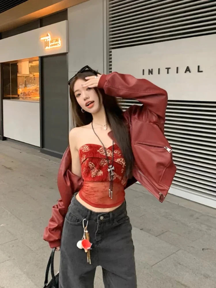 Aiertu  -  Vintage Red Women Faux Leather Jackets Zipper Chic Long Sleeve Casual Cropped Coat New High Street Fashion Outerwear Aiertu