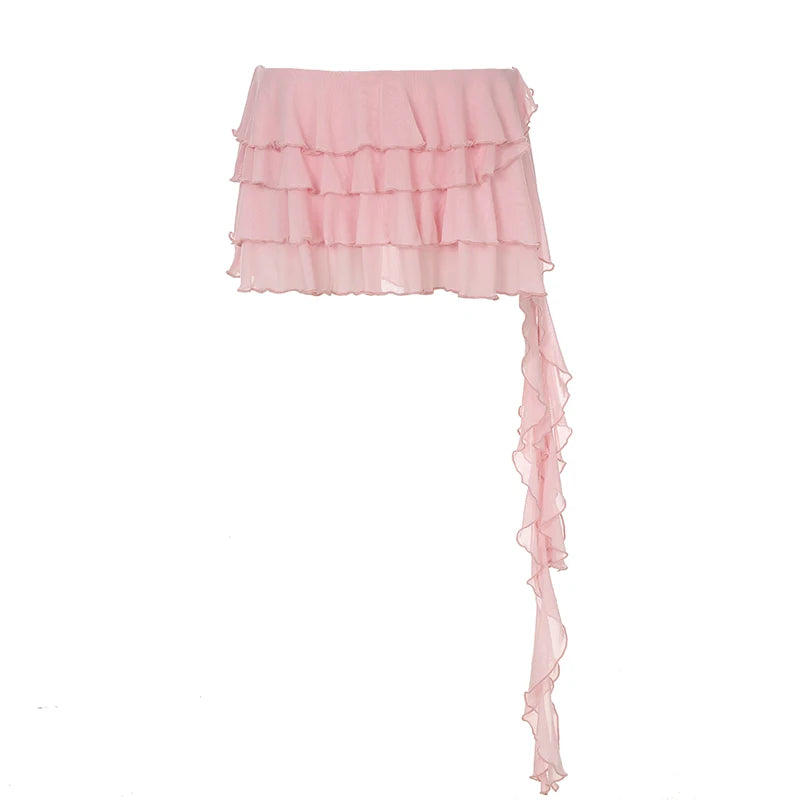 Aiertu  -  Vacation Tiered Layer Ruffles Mesh Mini Skirt Fairycore Irregular Ribbon Skirt Beach Young Hot Girl's Pink Skirt Summer Aiertu