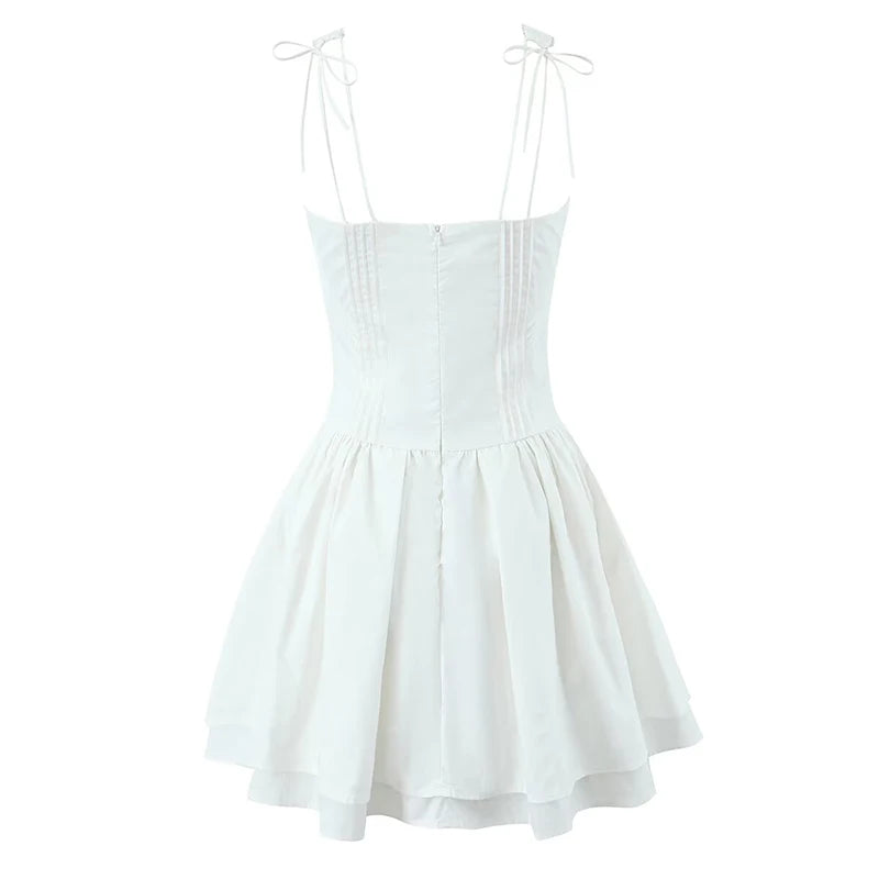 Aiertu  -  2025 Women Front Lace Up Sling Mini Dress Summer Cotton A-line Slim Holiday Dresses Yellow White Robe Aiertu