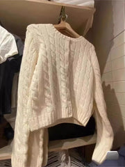 Aiertu  -  Preppy Style Solid Twisted Cardigan Sweater Women Crew Neck Single Breasted Jumpers Vintage Simple Long Sleeve Knitted Outerwear Aiertu