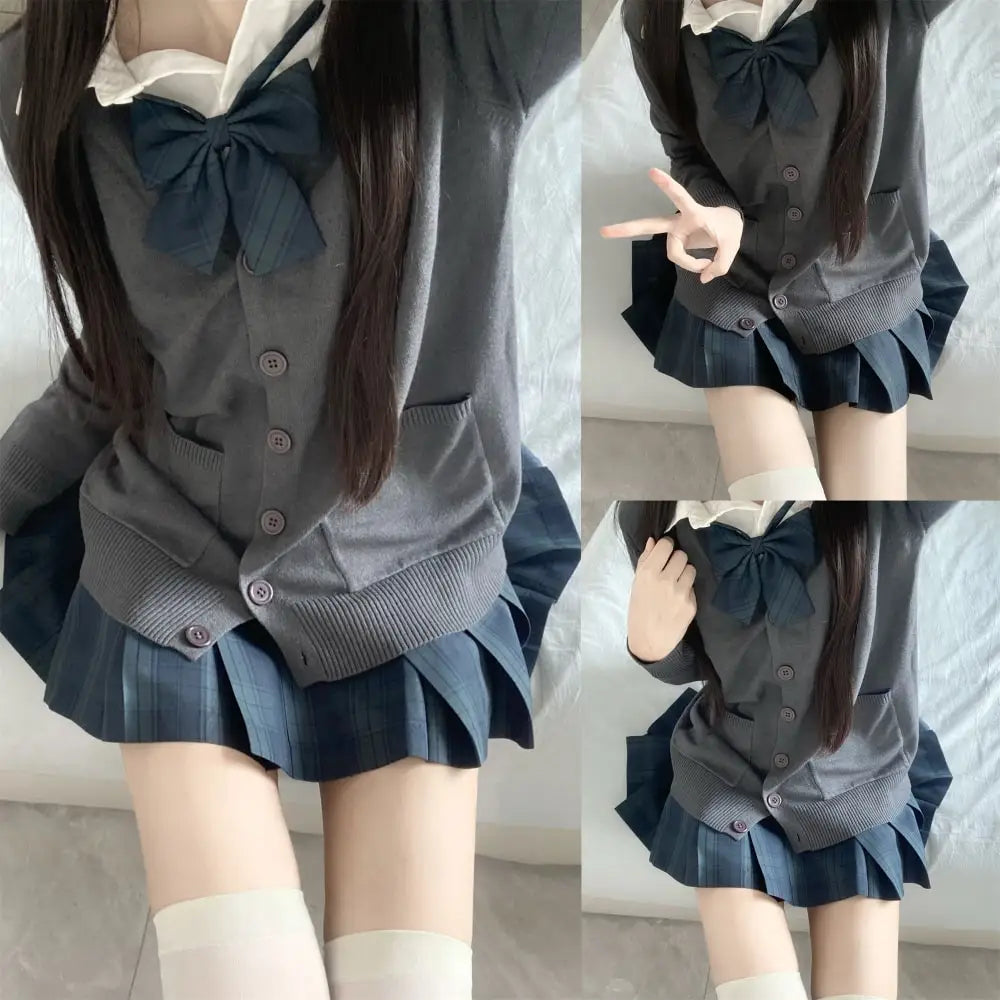 Aiertu 3Pc Set Japanese Korean School Uniforms Multicolor Sweater&Plaid Pleat Skirt with Bow Jk Uniform Suit Graduation Costumes Women Aiertu