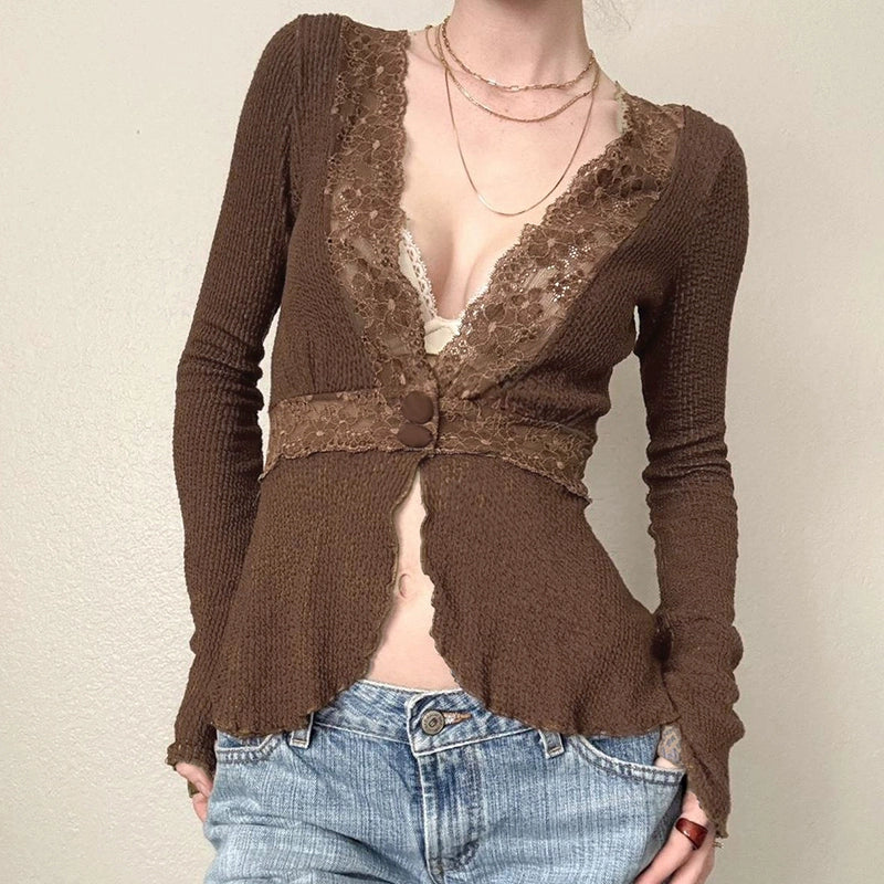 Aiertu  -Dezirae Lace Woolen V-Neck Cardigan aiertu