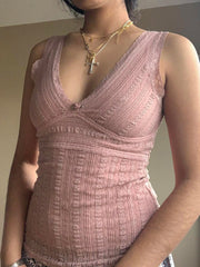 Aiertu - summer inspo Pink Sweet Slim Sleeveless V Neck Cute Y2K Lace Vest Top Women 2000s Kawaii Clothes Aiertu