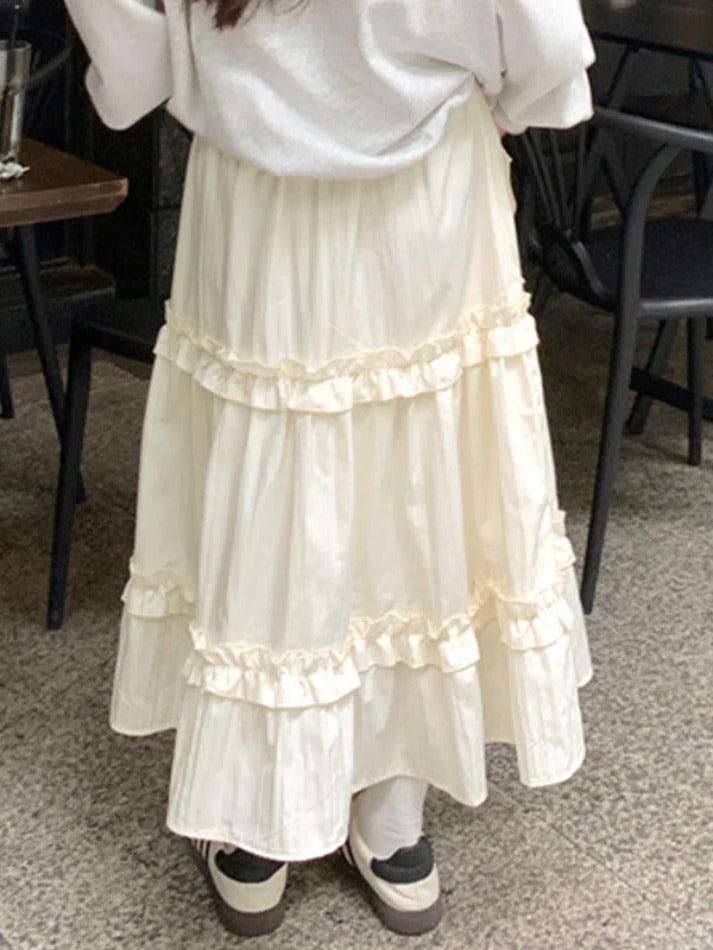 Aiertu  Pleated Elastic Waist Fungus Splice Tiered Midi Skirt Aiertu