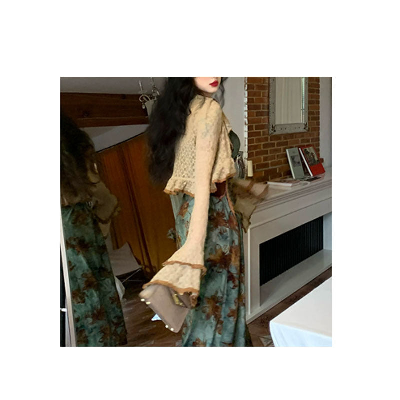 Aiertu - Vintage Leaves Print Maxi Dress Aiertu