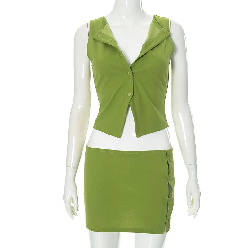 Aiertu  -  Round Neck Sleeveless Green Buttons Crop Top Mini Hip Skirt Summer Urban Leisure Sweet Flirtation Chic Two Pieces Set Aiertu