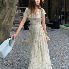 Aiertu  -  Vintage Elegant Women's Slim Summer Long Chiffon Dress Smudge Flower Square Collar Flattering Maxi Sundress Female Aiertu