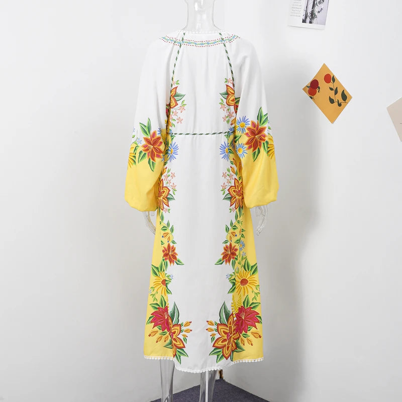 Aiertu  -  Print Linen Dress Women Elegant Loose Lace Up V Neck Vintage Vestidos Female Summer Long Sleeves Fashion High Waist Robe Aiertu