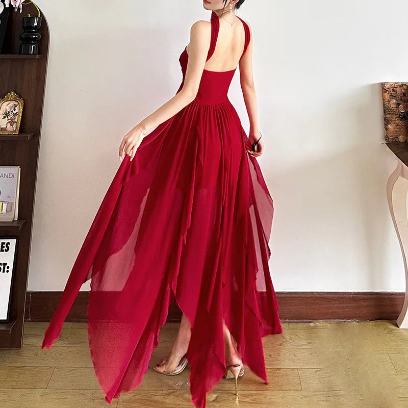 Aiertu  -  Chiffon Red Party Dresses Sexy Elagant Irregular Ruffle Sleeveless Backless Long Dresses for Women P94-FI59 Aiertu