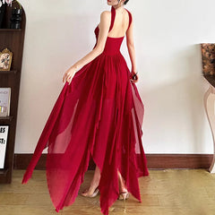 Aiertu  -  Chiffon Red Party Dresses Sexy Elagant Irregular Ruffle Sleeveless Backless Long Dresses for Women P94-FI59 Aiertu