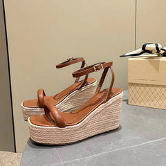 Aiertu  -  Summer New Buckle Square Head Hemp Wedge Sandals Thin Belt Braided Platform High Heel Shoes For Women Aiertu