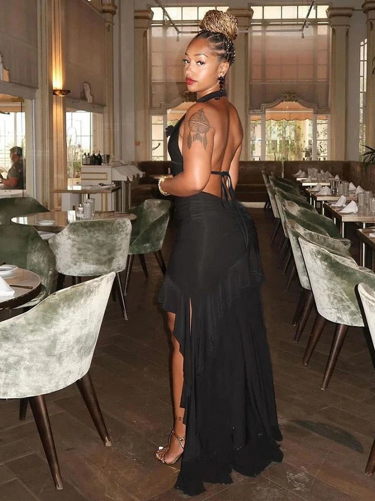 Aiertu  -  Mesh Bandage Backless Dress Women Sexy Halter Low-Neck Sleeveless Slits Ruffles Robe Hottie Vacation Hispter Outfits Aiertu