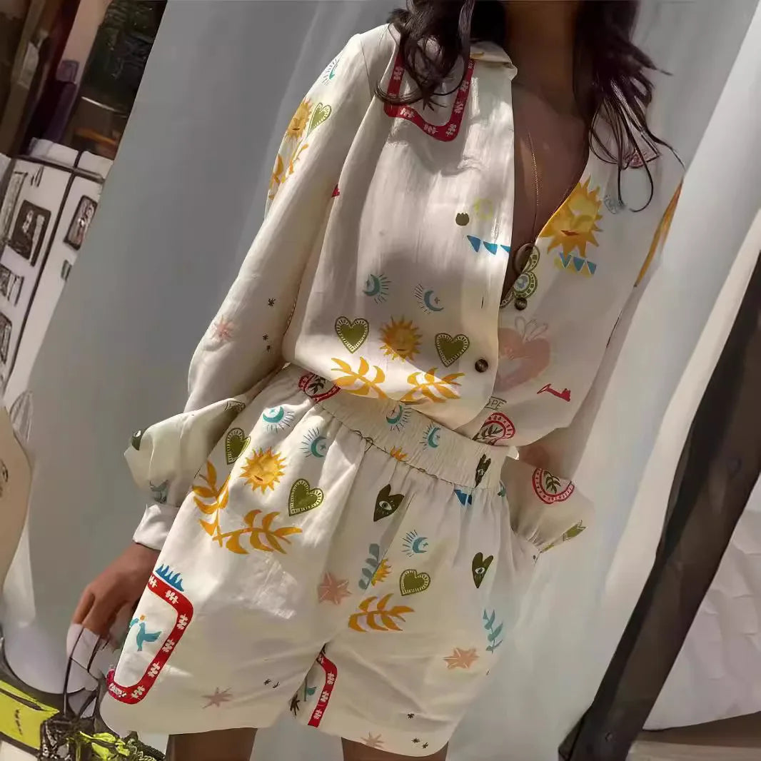 Aiertu  -  Women Fashion Elastic Waist Two Piece Sets Elegant Floral Print Lapel Long Sleeve Top Short Pants Suit Casual Holiday Outfits Aiertu