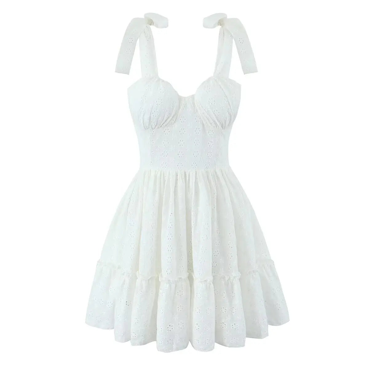 Aiertu  -  Summer 2025 Women Hollow Out Embroidery Sling Mini Dresses Lacing Up Back A-line Cotton Black White Short  Dresses Party Robe Aiertu