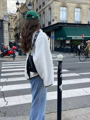 Aiertu  -  Fashion Contrast Lamb Wool Jacket  Women Casual Single Breasted Stand Collar Long Sleeves Thick Coat Autumn Winter Lady Outwear Aiertu