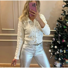 Aiertu  -  Elegant Diamonds Sweater Cardigans Women Lapel Long Sleeve Single Breasted Sweaters 2026 Autumn Winter New Lady Tops Streetwear Aiertu