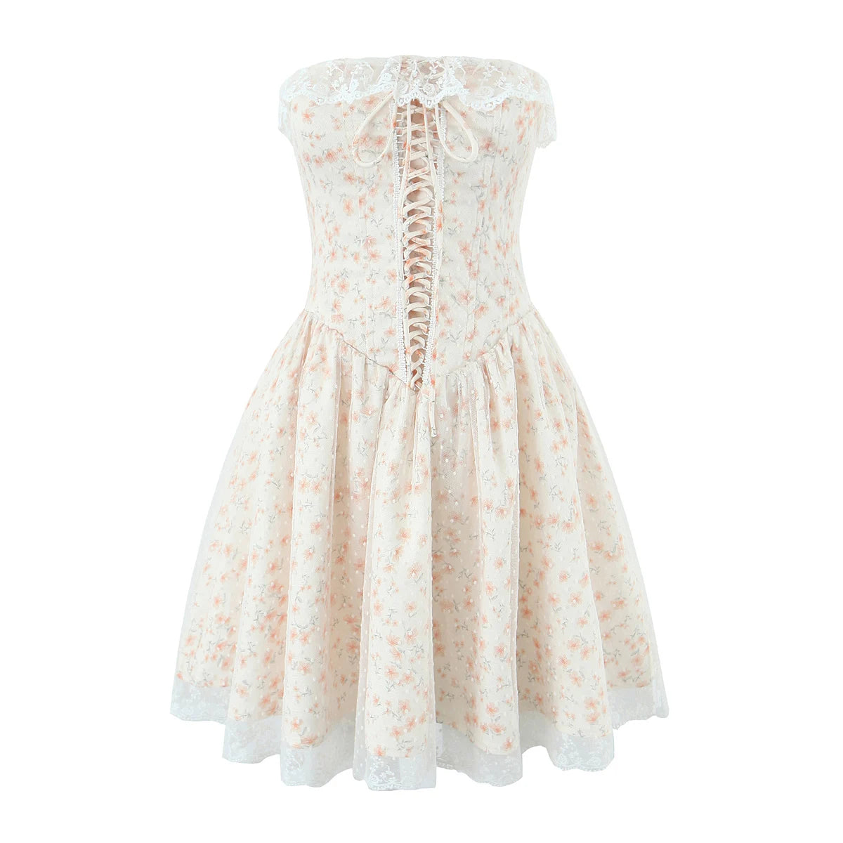Aiertu  -  Women Flower Print Mesh Cross Lacing up Bandage Bow Corset Strapless Dress Low Waist Party Skater A-line Swing Short Robe Aiertu