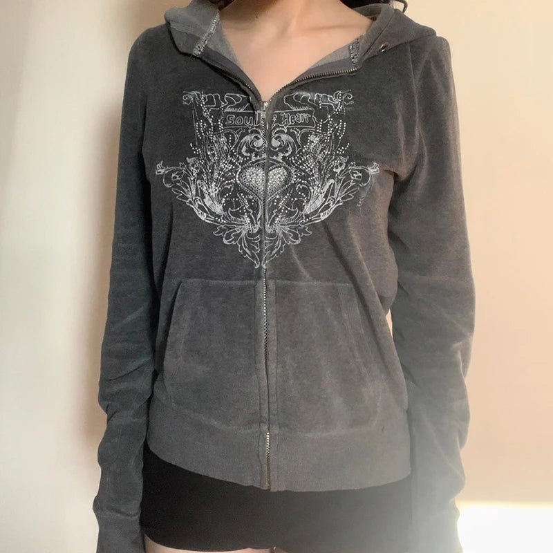 Aiertu  -  casual winter outfits Y2K Graphic Print Zipper Jacket with Hooded Vintage Aesthetic Gray 2000s Women Coat Knitted Outwear Autumn Outfits Aiertu