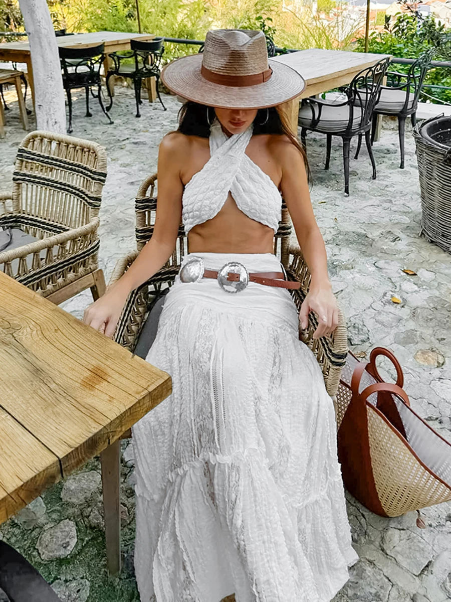 Aiertu  -  New Lace Patchwork White Long Skirt Women High Elastic Waist Textured A-line Maxi Skirts Summer Casual Fashion Holiday Faldas Aiertu