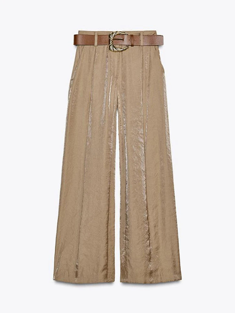 Aiertu  -  Women's Straight Pants Solid High Waist Belt Pockets Wide Leg Long Trousers Female 2025 Spring Lady Vintage High Street Wears Aiertu