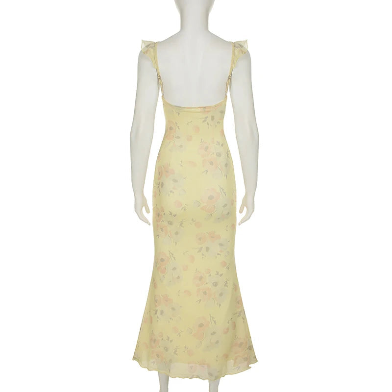 Aiertu  Holiday Ruffles Floral Trumpet Dress Slim Deep V-Neck Sleeveless Maxi Dresses For Women 2025 Summer Fashion Streetwear Aiertu