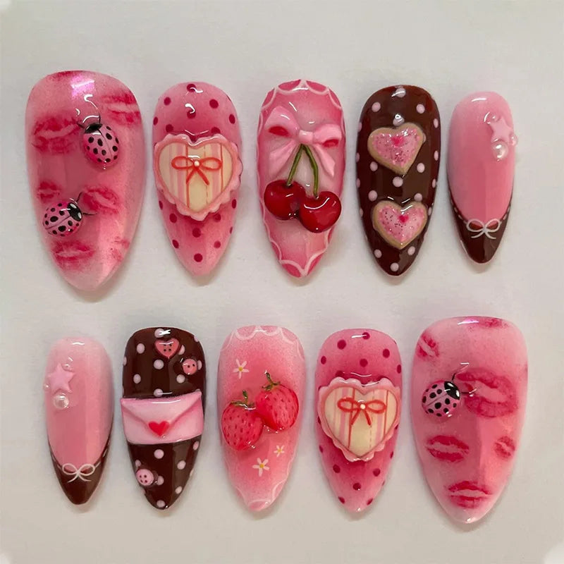 Aiertu  -  24PCS Summer Colorful Almond False Nail with 3D Flower Beach Paintings Press on Fake Nail Full Cover Wearable Manicure for Women Aiertu