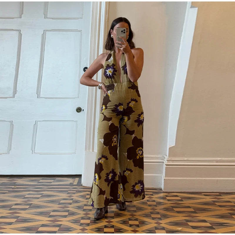 Aiertu  -  Printed Sequins Backless Halter Jumpsuits Women High Waist Deep V-neck Wide Leg Straight Jumpsuit Commute Holdiay Lady Romper Aiertu