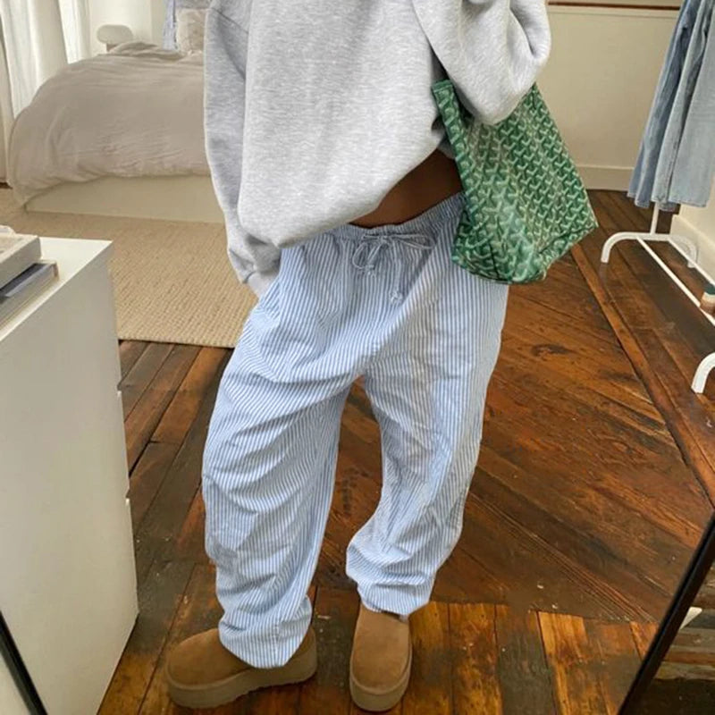 Aiertu  Streetwear Striped Print Loose Trousers Lace-up Joggers Fashion Y2K Baggy Pants Basic Aesthetic 90s Cute Bottoms Aiertu
