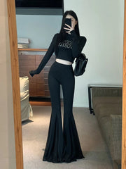 Aiertu  -  Lounge Stitch Tulle Yoga Pants Women Black Solid Slim Bootcut High Waist Bell Bottoms Workout Leggings Female Clothes Aiertu