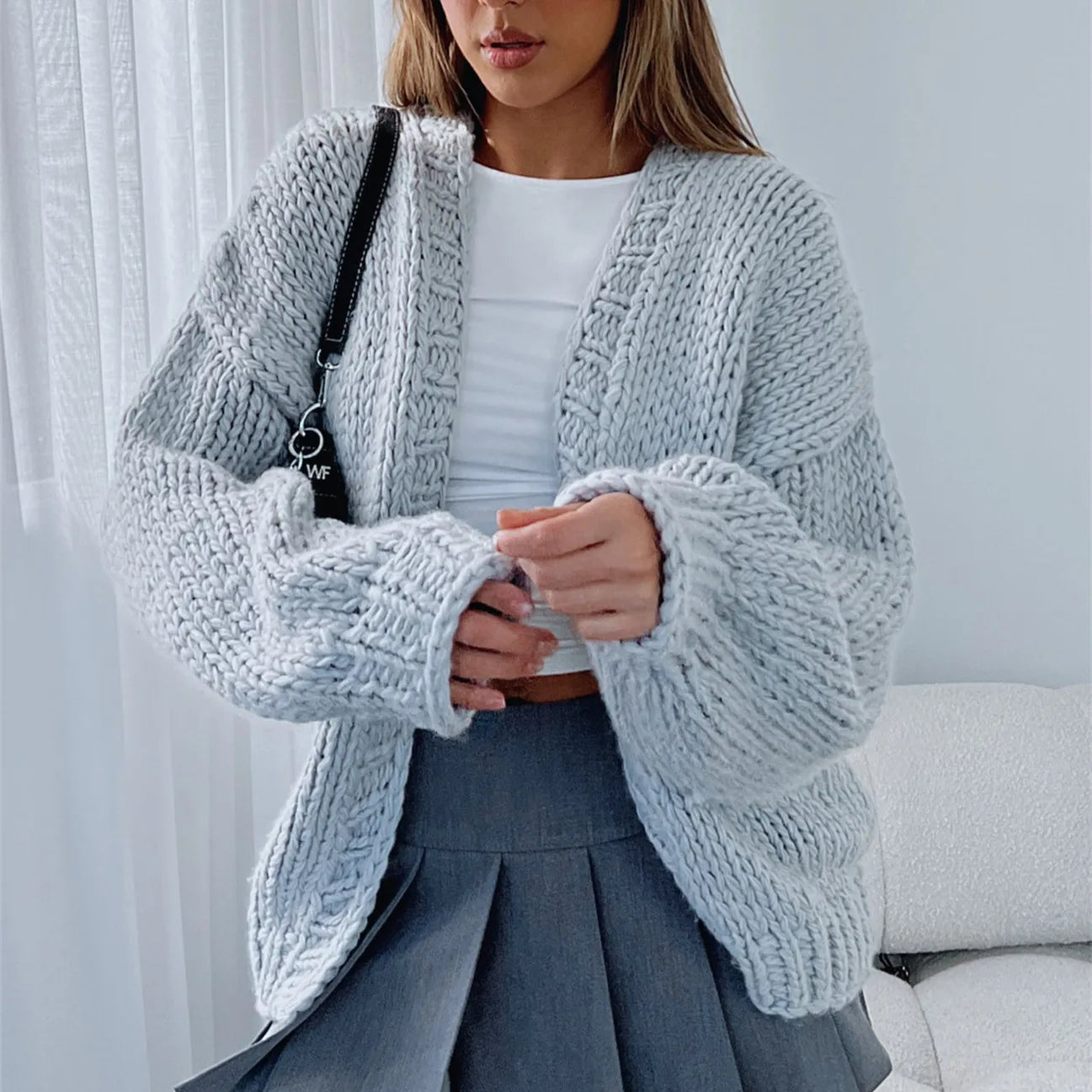 Aiertu  -  Womens Oversized Cardigan Sweaters Cable Knit Lantern Long Sleeve Open Front Cardigans Y2k Aesthetic Coat Outwear Aiertu