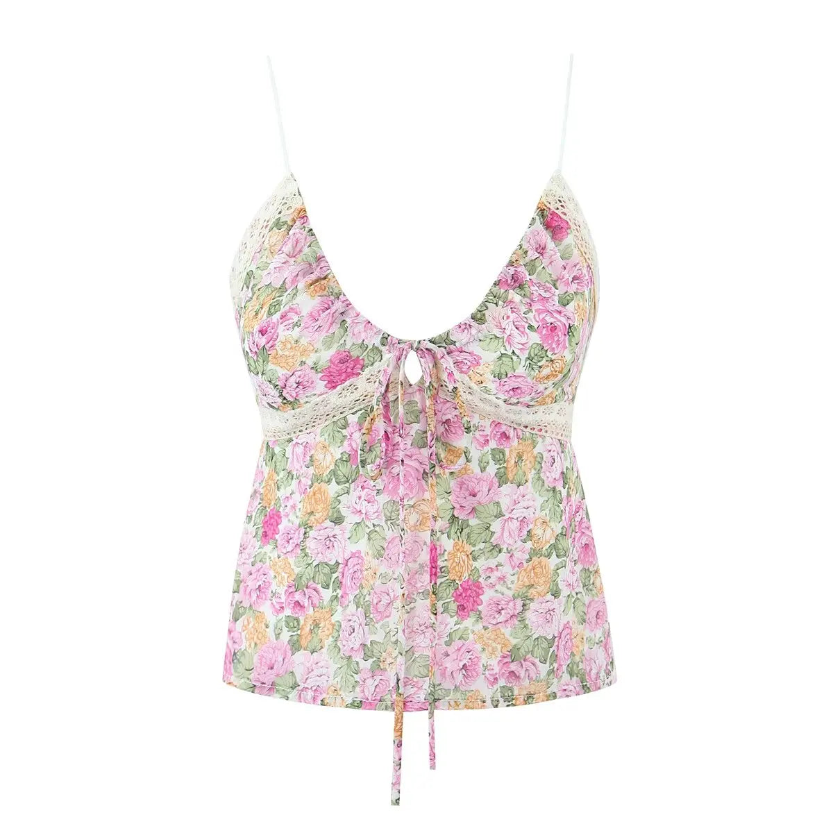 Aiertu  -  New Women Lace Trim Floral Print Camis Sexy Sleeveless V Neck Female Summer Boho Crop Top Aiertu