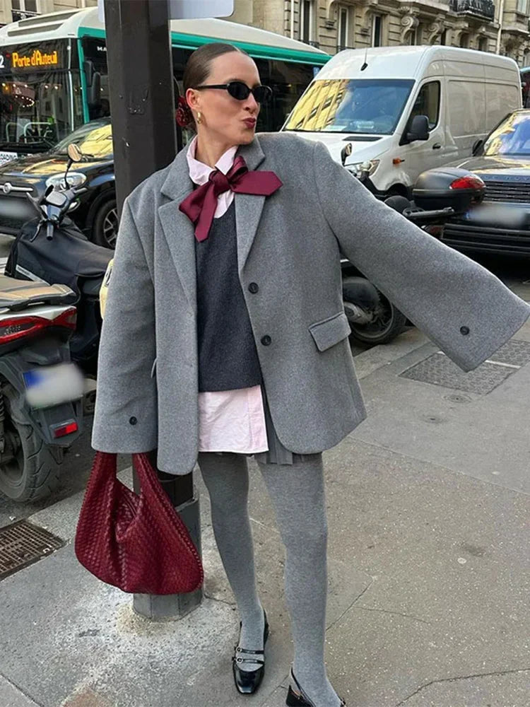 Aiertu  -  Fashion Gray Lapel Blazer Coat Women's Oversized Long Sleeves Pocket Loose Suit Jacket New Casual Office Lady Wool Outerwear Aiertu