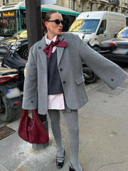 Aiertu  -  Fashion Gray Lapel Blazer Coat Women's Oversized Long Sleeves Pocket Loose Suit Jacket New Casual Office Lady Wool Outerwear Aiertu